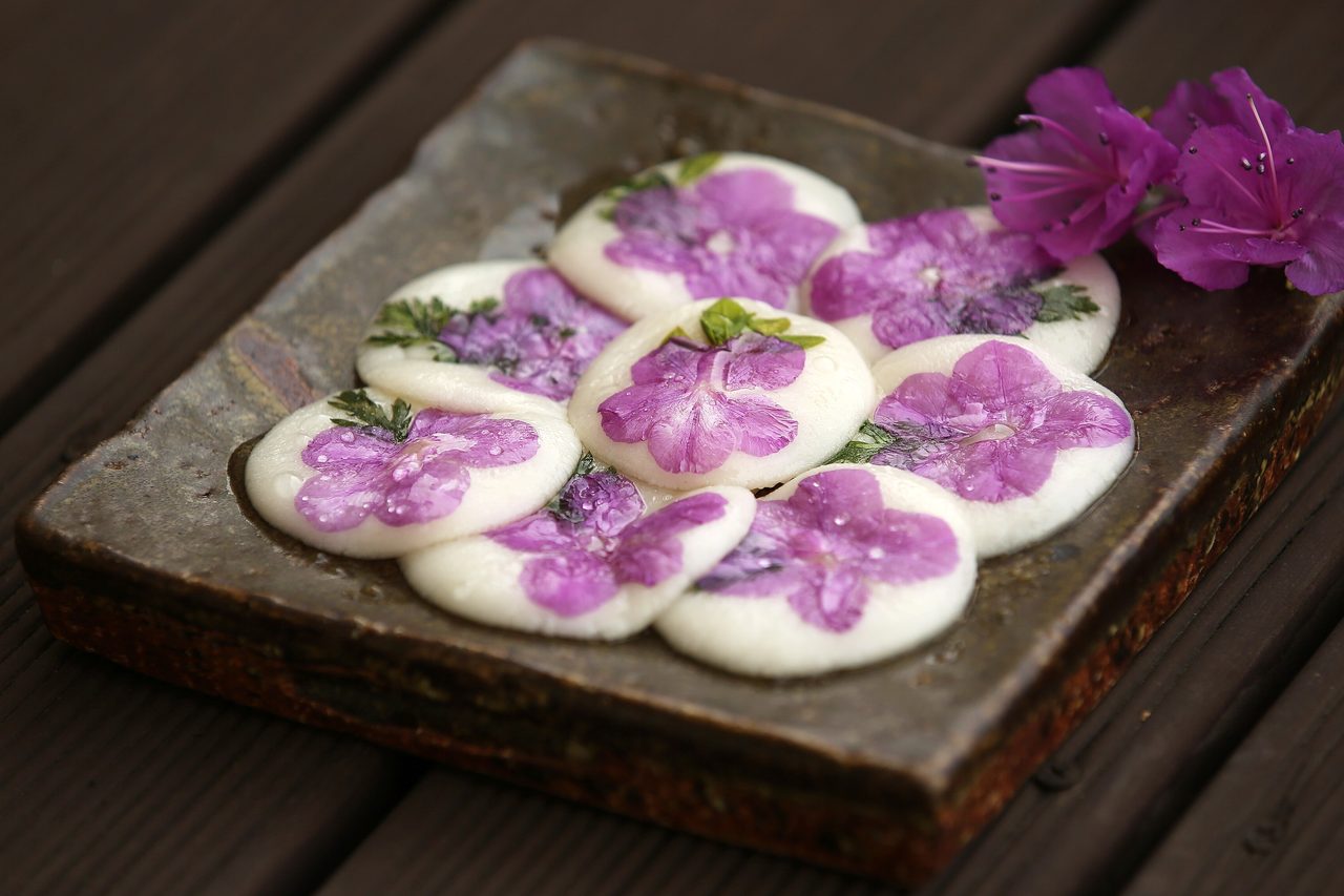 Hwajeon (Glutinous Rice Rounds Pressed with Azalea Petals)
